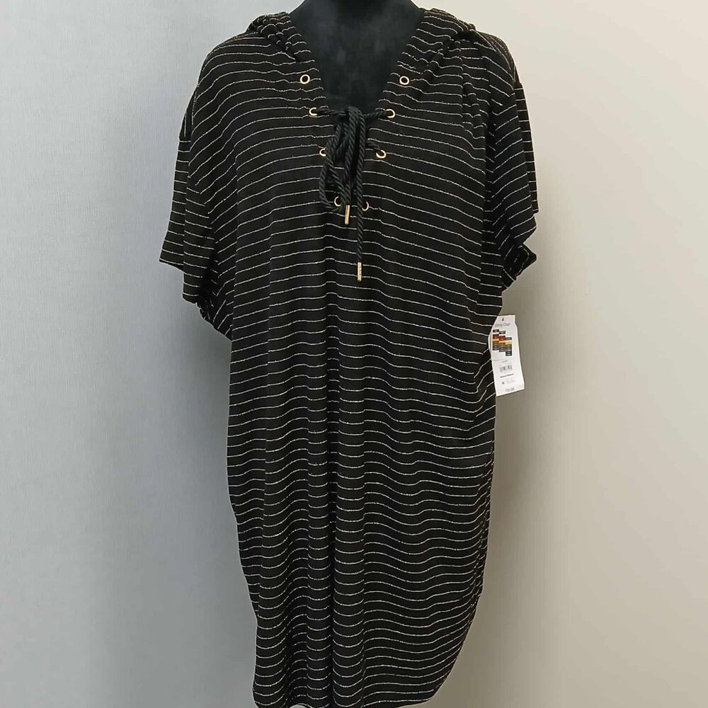 Time & Tru women's 1X 16/18 Black Lurex Stripe hoodie dress swimsuit cover up